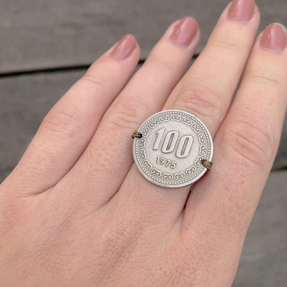 Wire wrapped coin ring size 8 - Picture 1 of 5